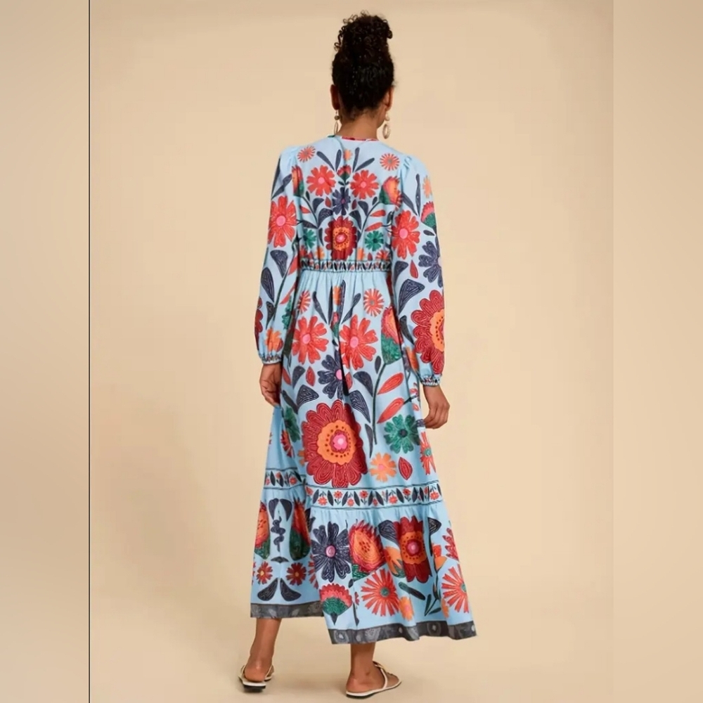 Floral Print Long Sleeve Maxi Dress - Light Blue - Picture 7 of 15